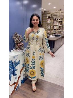 Gahan - Womens Beige Rayon Blend Printed A-Line Anarkali Kurta with Pant