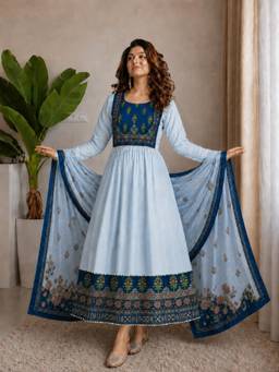Gahan - Womens Blue Satin Printed A-Line Anarkali Kurta with Dupatta