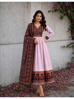 Gahan - Womens Pink Satin Printed A-Line Anarkali Kurta with Dupatta