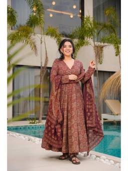 Gahan - Womens Viscose Blend Printed Umbrella Anarkali Kurta with Pant & Dupatta