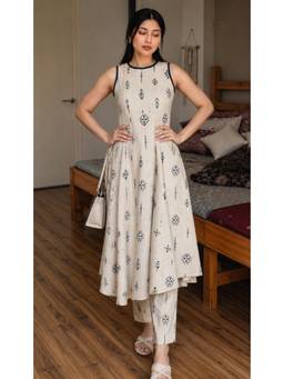 Gahan - Womens Beige Cotton Blend Printed A-Line Anarkali Kurta with Pant