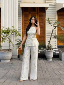 Gahan - Womens White Cotton Blend Printed A-Line Kurta with Palazzo