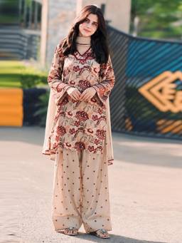 Gahan - Womens Beige Viscose Blend Printed Straight Kurta & Farshi Salwar with Dupatta