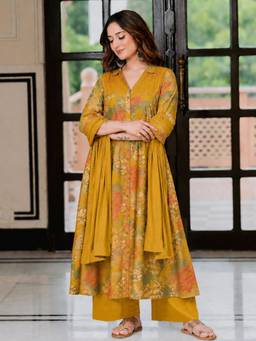 Gahan - Womens Yellow Printed Anarkali Kurta with Palazzo & Dupatta
