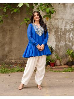 Gahan - Womens Blue Viscose Blend Embroidered A-Line Anarkali Kurta with Farshi Salwar