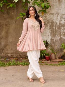 Gahan - Womens Peach Viscose Blend Embroidered A-Line Anarkali Kurta with Farshi Salwar