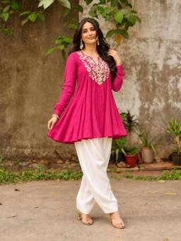 Gahan - Womens Pink Viscose Blend Embroidered A-Line Anarkali Kurta with Farshi Salwar
