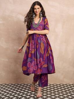 Gahan - Womens Purple Rayon Blend Printed Anarkali Kurta with Pant