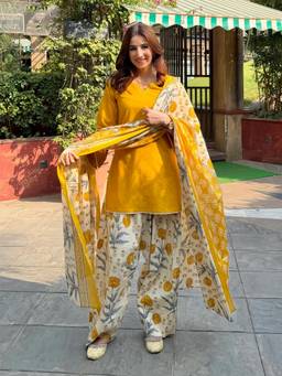 Gahan - Womens Yellow Embroidered Kurta with Farshi Salwar & Dupatta