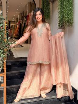 Gahan - Womens Peach Crunchy Embroidered Kurta with Palazzo & Dupatta