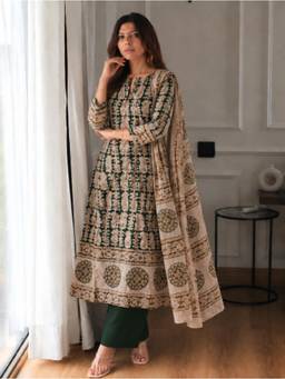 Gahan - Womens Green Cotton Blend Printed Anarkali Kurta with Palazzo & Dupatta