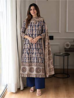 Gahan - Womens Blue Cotton Blend Printed Anarkali Kurta with Palazzo & Dupatta