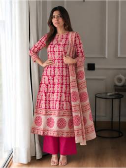 Gahan - Womens Pink Cotton Blend Printed Anarkali Kurta with Palazzo & Dupatta