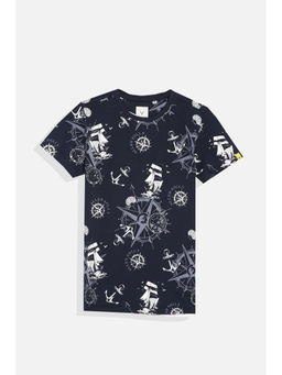 Allen Solly - Boys Navy Blue Regular Fit Print Crew Neck T-Shirt