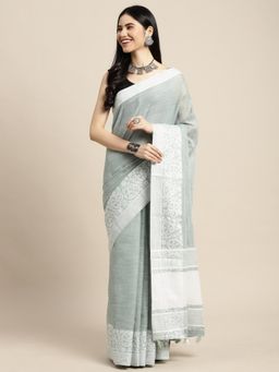 Sangam Prints - Grey Linen Woven Work Traditional Tassle Saree with Unstitched Blouse