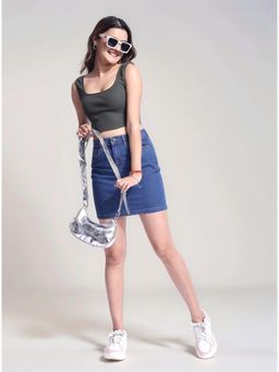 Twenty Dresses by Nykaa Fashion - Womens Square Neck Green Cotton Ribbed Crop Top