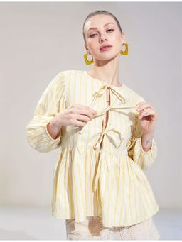 Twenty Dresses by Nykaa Fashion - Womens Tie-Up Neck Balloon Sleeves Yellow Stripes Peplum Top