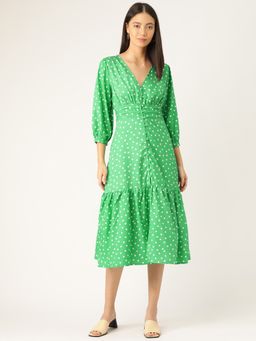 ANVI Be Yourself - Women Green & White Polka Dots Printed Empire Dress