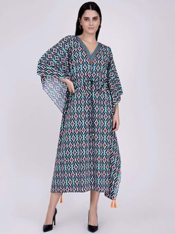 First Resort by Ramola Bachchan - Charcoal Moroccan Print Mid Length Kaftan