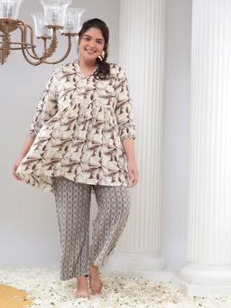 Bani Women - Brown Plus Size Printed V-Neck Tunic with Pant (Set of 2)