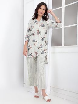 Bani Women - Grey Floral Printed Mandarin Collar Tunic with Pant (Set of 2)