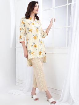 Bani Women - Mustard Yellow Floral Printed Mandarin Collar Tunic with Pant (Set of 2)