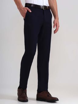 JadeBlue - Navy Blue Solid Cotton Stretch Formal Trousers