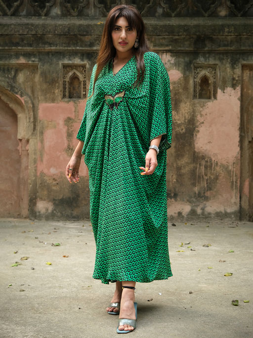 Buy First Resort by Ramola Bachchan Fluorescent Green Print Silk Kaftan  Dress with Butterfly Motif Online