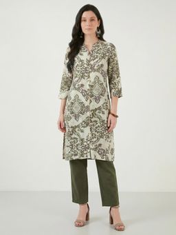 R&B - RandB Rayon Green Printed Mandarin Collar Women Kurtas