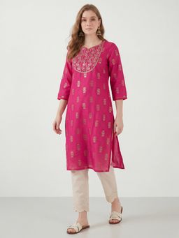 R&B - RandB Viscose Pink Embroidered Round Neck Women Kurtas