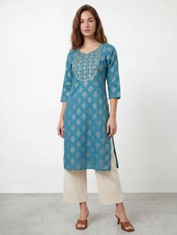R&B - RandB Viscose Teal Embroidered Round Neck Women Kurtas