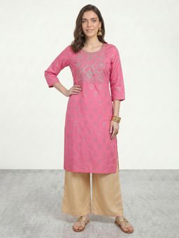 R&B - RandB Viscose Pink Embroidered Round Neck Women Kurtas