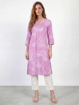 R&B - RandB Cambric Pink Printed V-Neck Women Kurtas