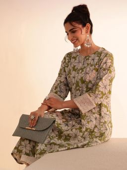 Libas - Green Floral Printed Panelled A-Line Kurta