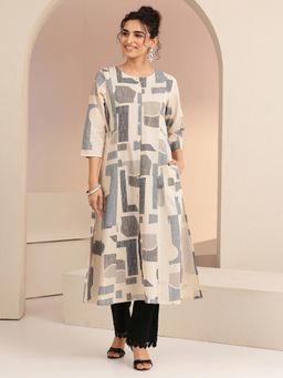 Libas - Off White Geometric Printed A-Line Kurta