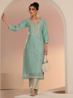 Libas - Green Floral Embroidered Straight Kurta with Lining