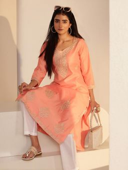 Libas - Peach Floral Embroidered Straight Kurta with Lining