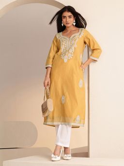 Libas - Mustard Floral Embroidered Straight Kurta with Lining