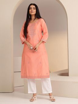 Libas - Peach Ethnic Motif Embroidered Straight Kurta with Lining