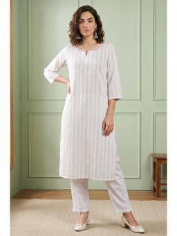 Aurelia - Womens Off White Striped Yarn Dyed Straight Kurta