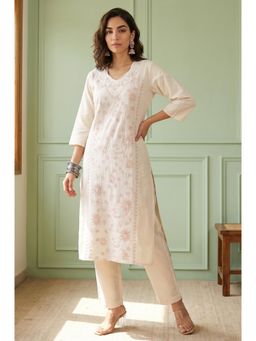 Aurelia - Womens Off White Floral Embroidered Cotton Flax Straight Kurta