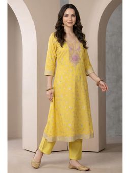 Aurelia - Womens Yellow Floral Printed Thread Embroidered A-line Kurta