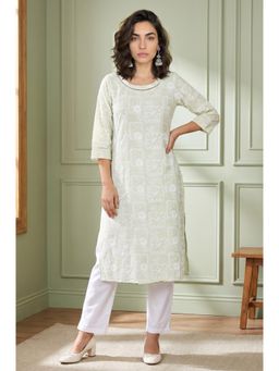 Aurelia - Womens Sea Green Geometric Printed Rayon Straight Kurta