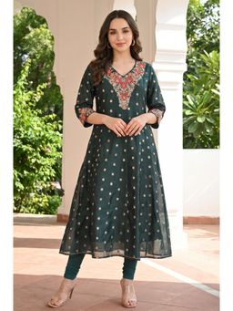 Aurelia - Womens Thread Embroidered Chanderi Butta A-line Kurta - Green