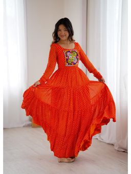 THE52 - Womens Beautiful Printed Fox Georgette Flared Anarkali Kurta - Orange