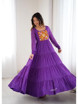 THE52 - Womens Beautiful Printed Fox Georgette Flared Anarkali Kurta - Purple