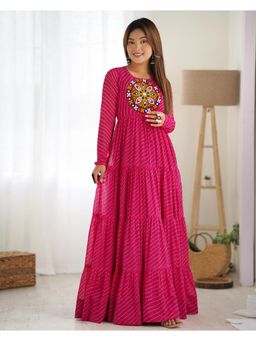 THE52 - Womens Beautiful Printed Fox Georgette Flared Anarkali Kurta - Pink