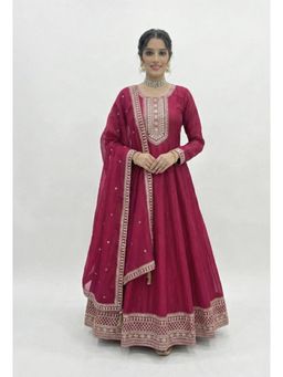 THE52 - Womens Gorgeous Embroidery Work Fabric Flared Anarkali and Dupatta - Pink