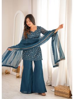SAJAVAT ETHENIC WEAR - Womens Teal Blue Floral Embroidered Kurta and Sharara with Dupatta