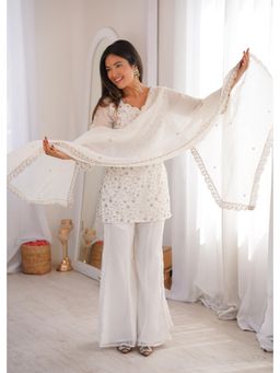 SAJAVAT ETHENIC WEAR - Womens White Embroidered Kurta and Sharara with Dupatta